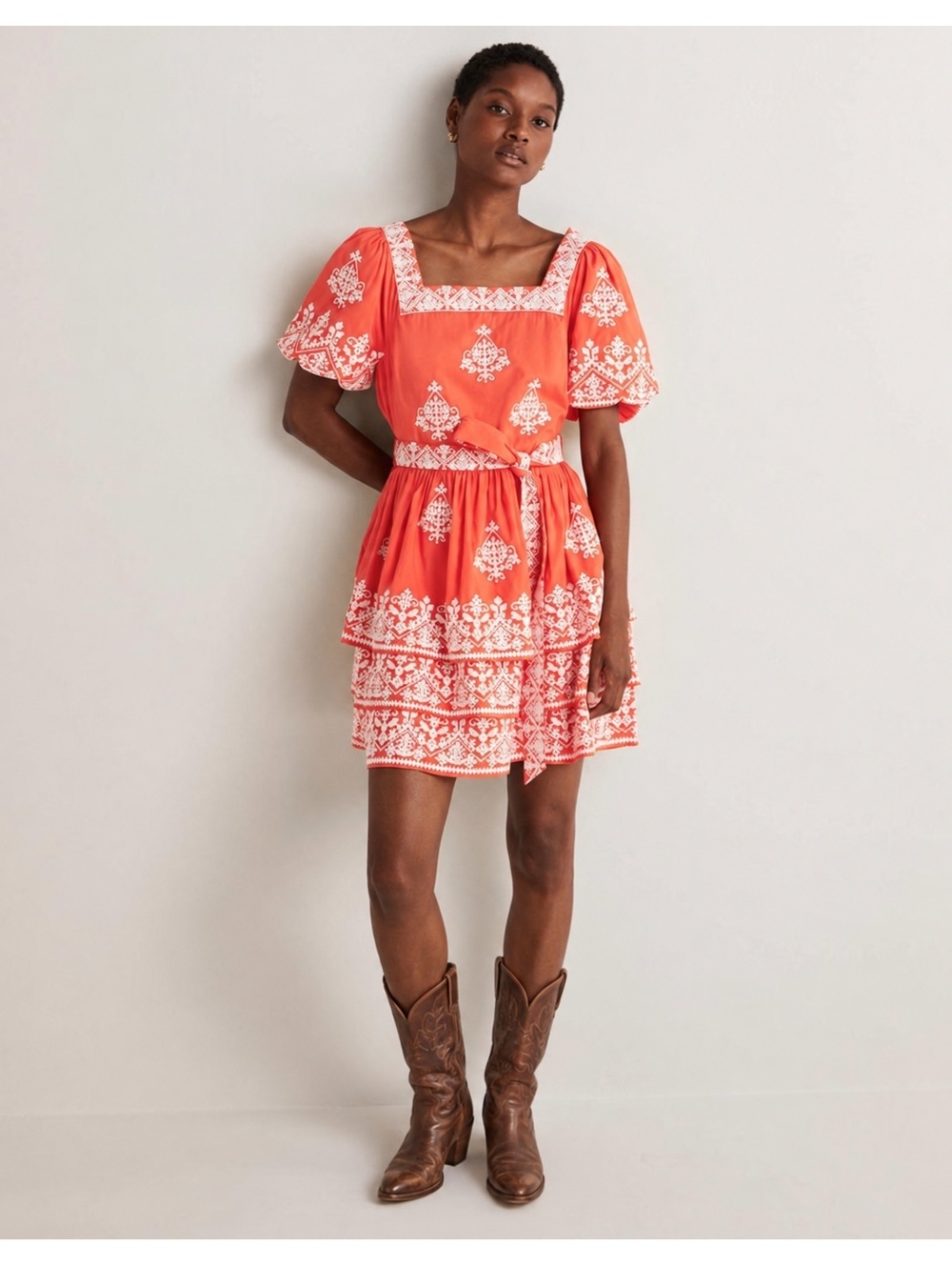 Boden Rara Dress US 2 Red White Embroidered Puff Sleeve Tiered Cotton NWT